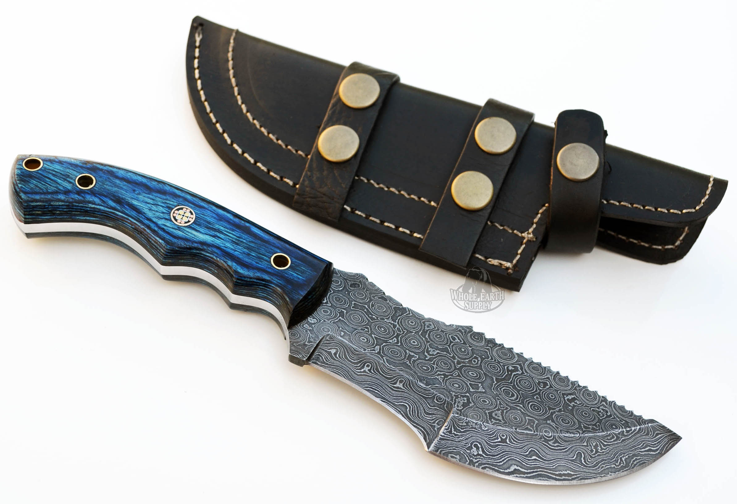 Raindrop Damascus Tracker Knife Knives Blue Wood Handle Blank +Sheath