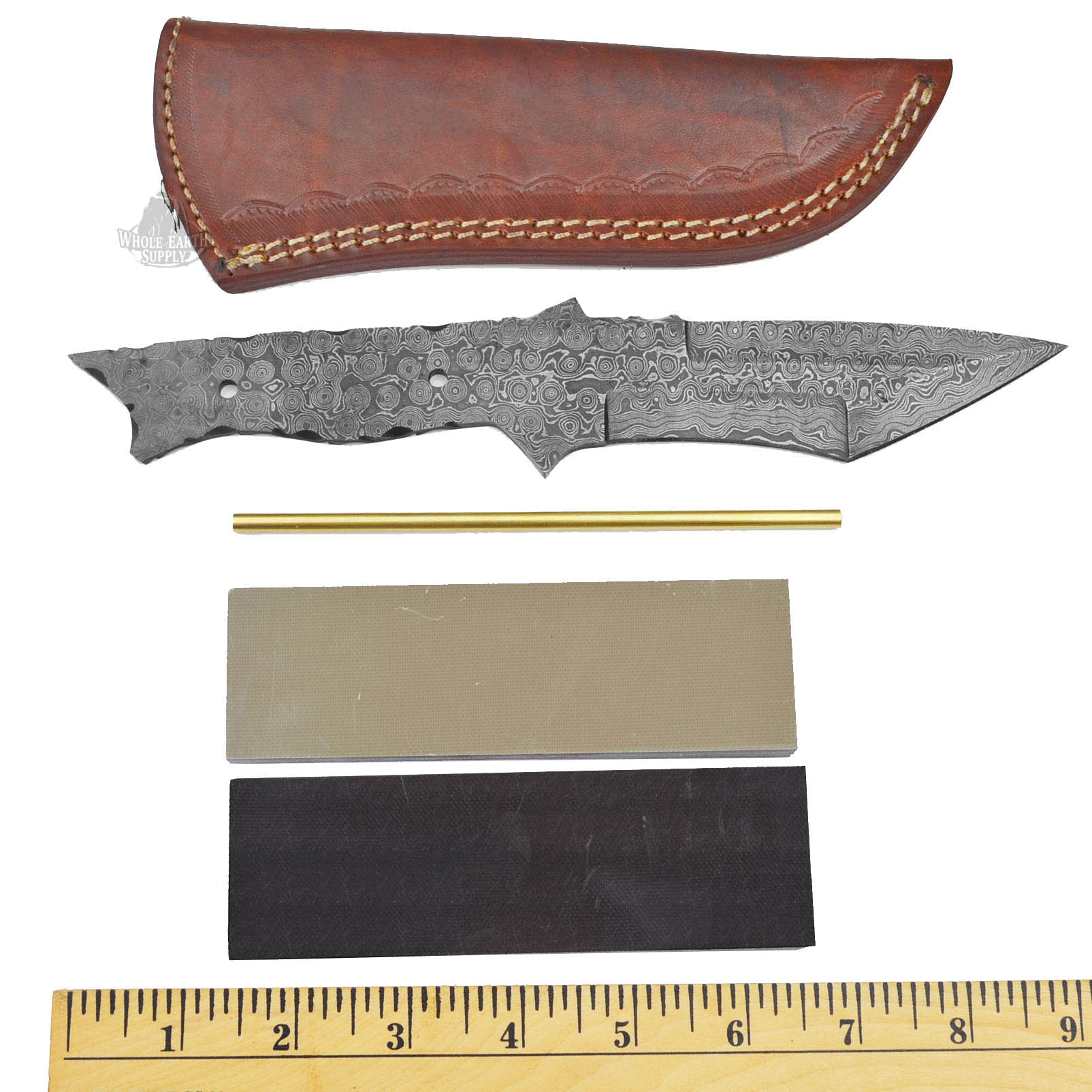 (Knife Kit) Build Your Own Damascus Tanto Knife with Tan & Black G-10 Handles and Mosaic Pin Combo Blank 