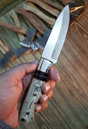 Drop Point D2 Knife with White & Gray German Micarta Skinning Custom Knives with Leather Sheath